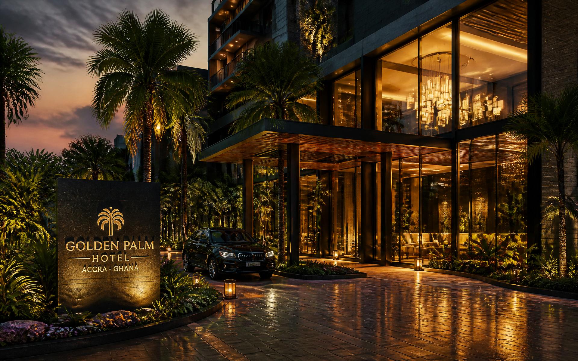 Golden Palm Hotel entrance illuminated at dusk