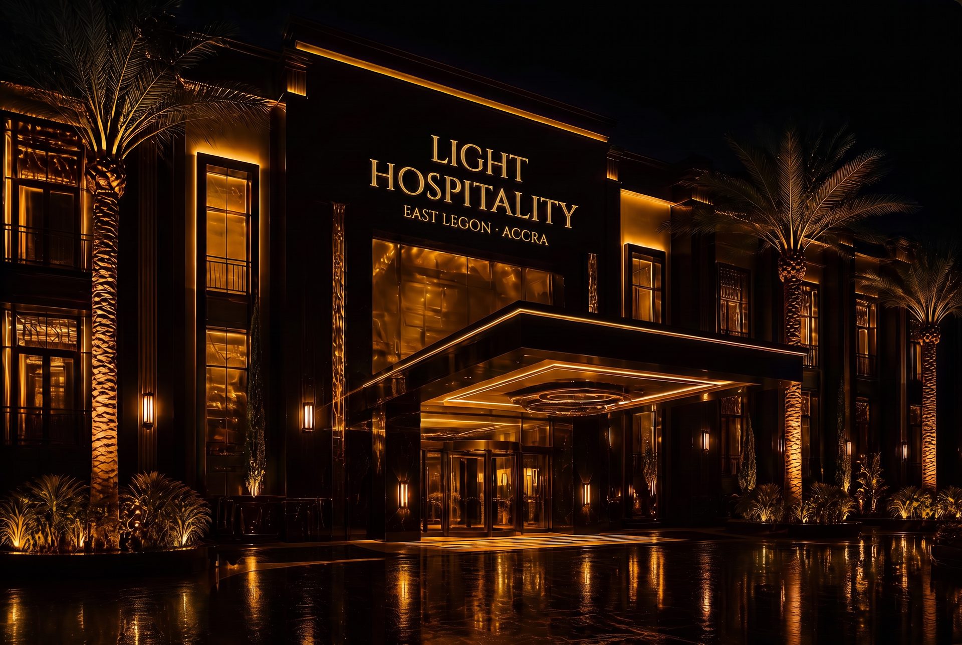 Light Hospitality Hotel entrance illuminated at dusk